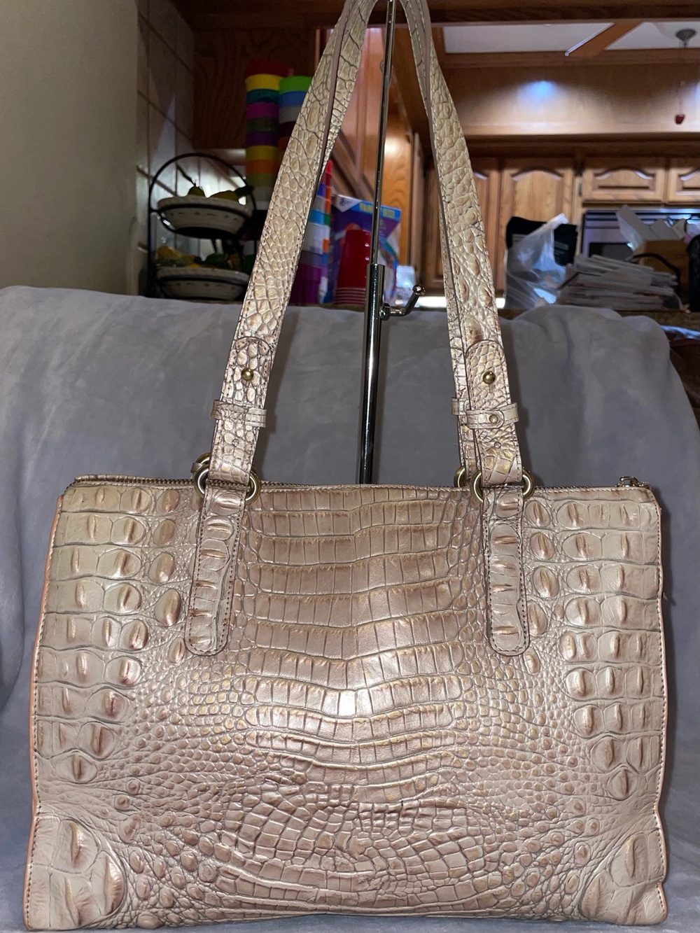 Brahmin Taupe Croc-Embossed Leather Shoulder Bag - Picture 3 of 14